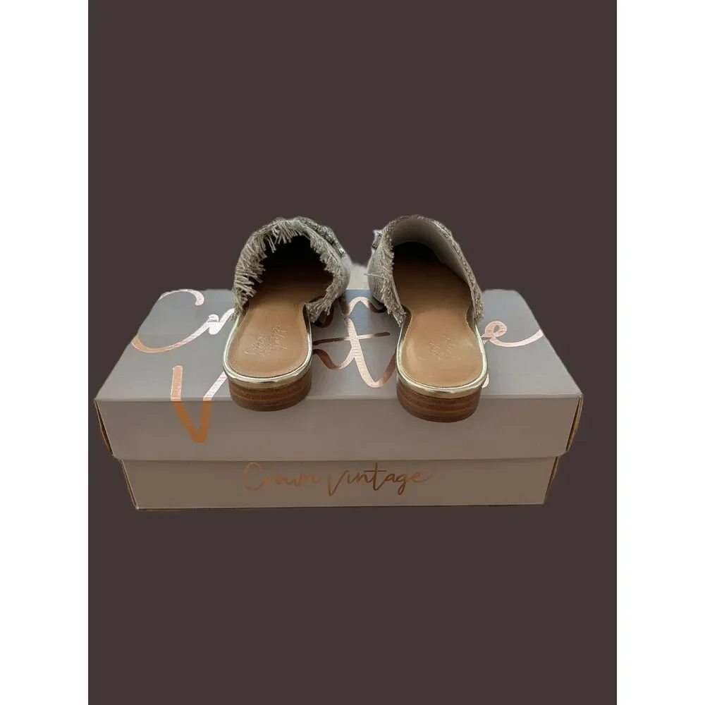 NWB Crown Vantage white/natural woven fringed mules slides shoes size 6.5